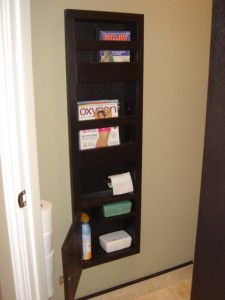 Magazine cubbie that fits inbetween wall studs.  Recessed in the wall about 3 inches and only sticks out about 1-1.5 inches.